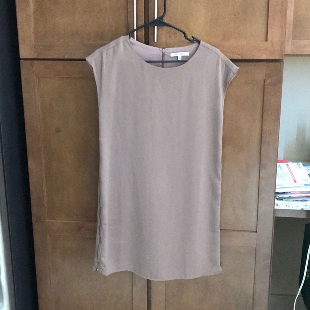 Light brown dress with gold side zipper detail